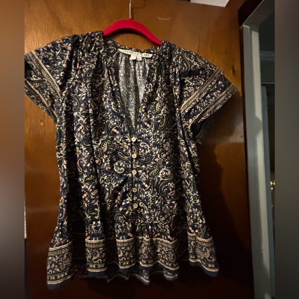 Veronica Beard Navy and Cream Floral Blouse